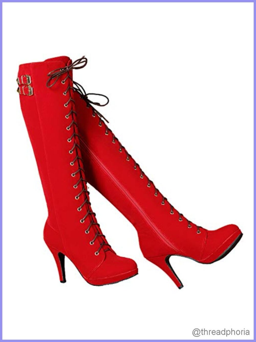 Suede Knee High Heeled Boots Lace Up Zipper Buckle Pointed Toe